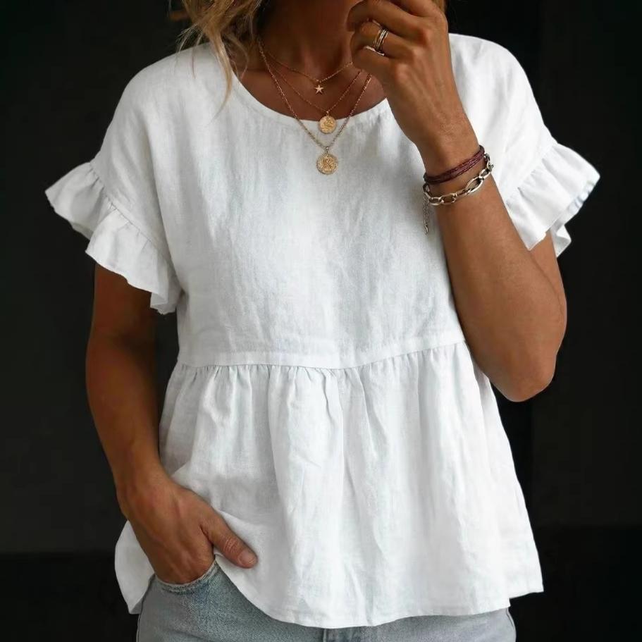Solid-color Crewneck Short-sleeve Ruched Casual Shirt