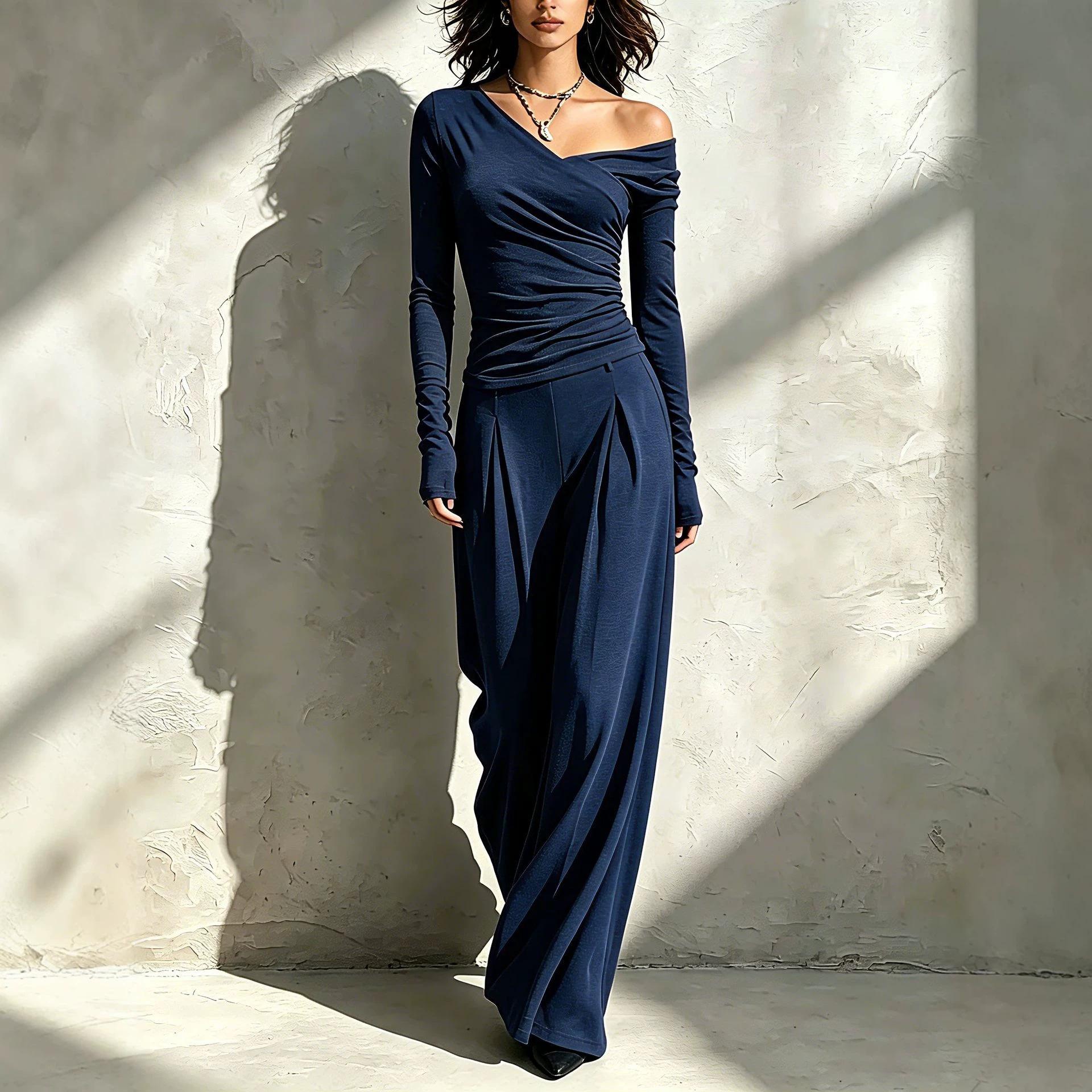 Irregular Off-shoulder Long-sleeve Top High-waisted Wide-leg Pants Womens Outfit