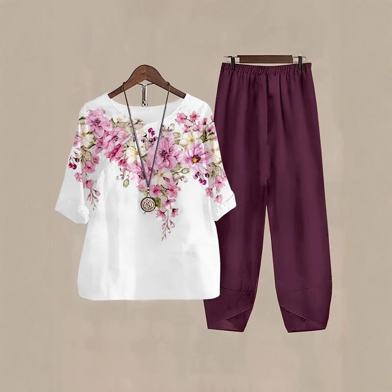 Womens Fashionable Printed Relaxed-fit Short-sleeve Set