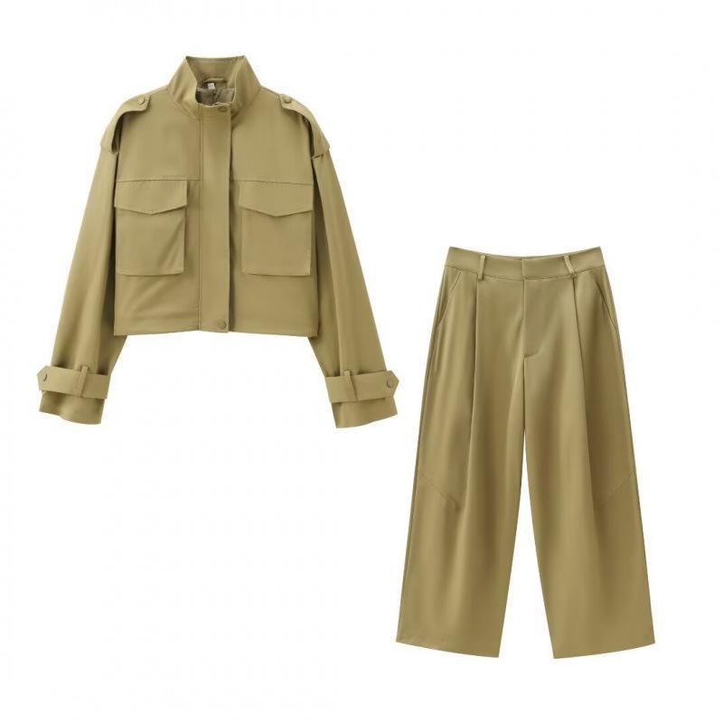 Womens Pocket-Embellished Blazer And Pleated Pants Set
