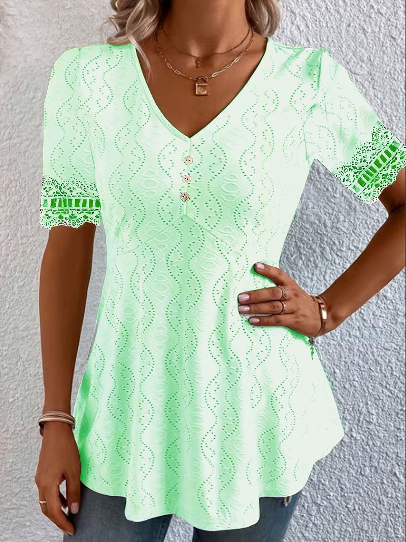Womens V-neck Jacquard Hollow-out Lace Top