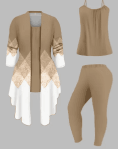 Women's 3-piece Casual Set - Geometric Print Cardigan, Solid Tank Top And Leggings