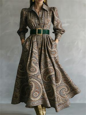 Waist-cinching Shirt Collar Casual Long Dress