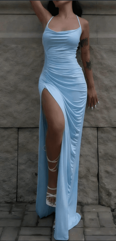 Sexy Halter Cowl Neck Side Slit Ruched Bodycon Maxi Dress