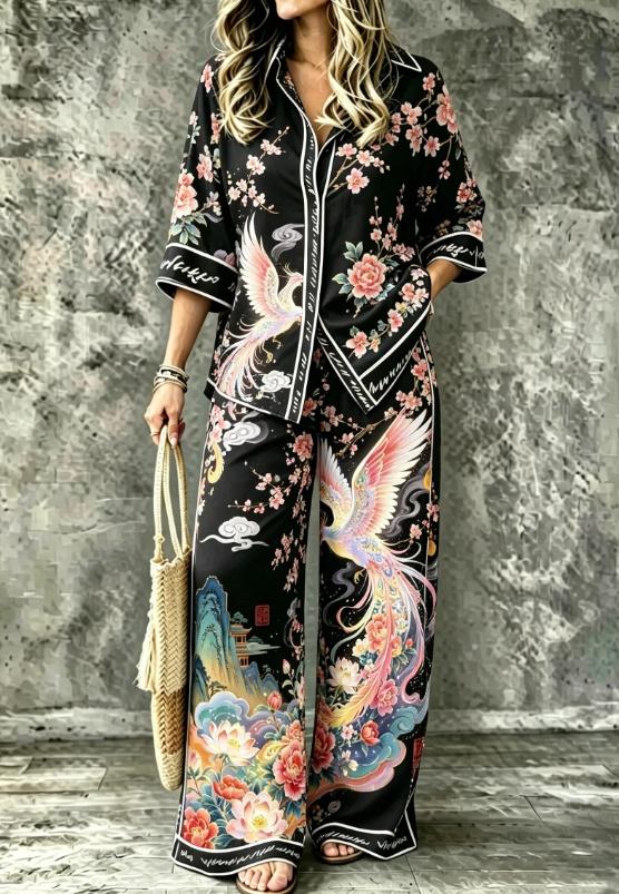 Spring Summer Womens Shirt Set With Digital Print