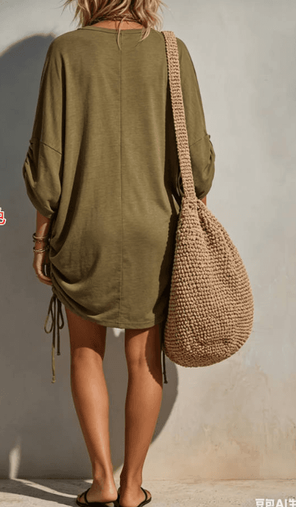 Military Green Side Drawstring Loose Seven Quarter Sleeve T-shirt Short Skirt