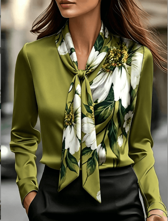 Avocado Green Patchwork Large Flower Ribbon V-Neck Satin Long Sleeve Commuter Shirt