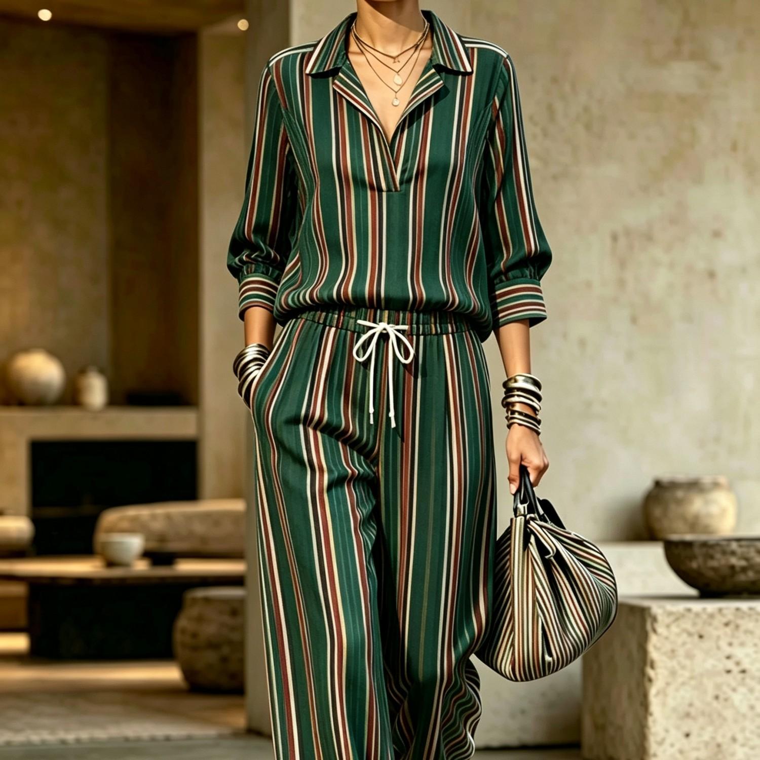 Womens Summer Lapel-Neck Cropped-Sleeve Set