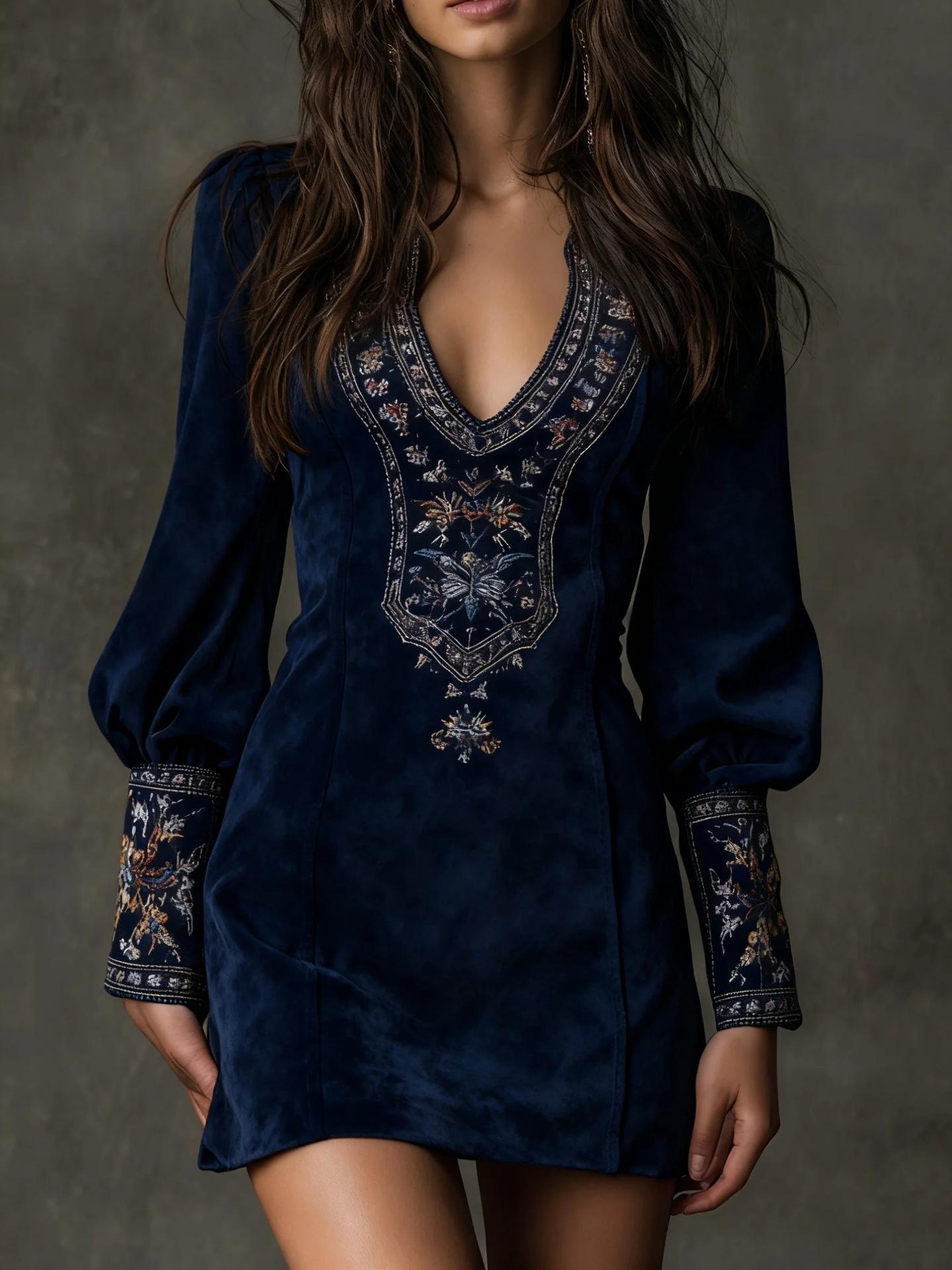 European And American Women's Clothing Long Sleeve V-neck Sexy Dress Embroidery
