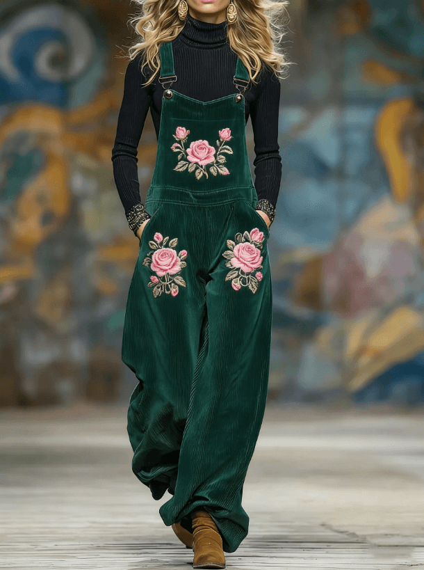 Corduroy Rose Embroidery Wide-Leg Overalls With Straps