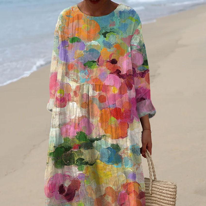 Digital Printing Large Width V-neck Long-sleeve Dress