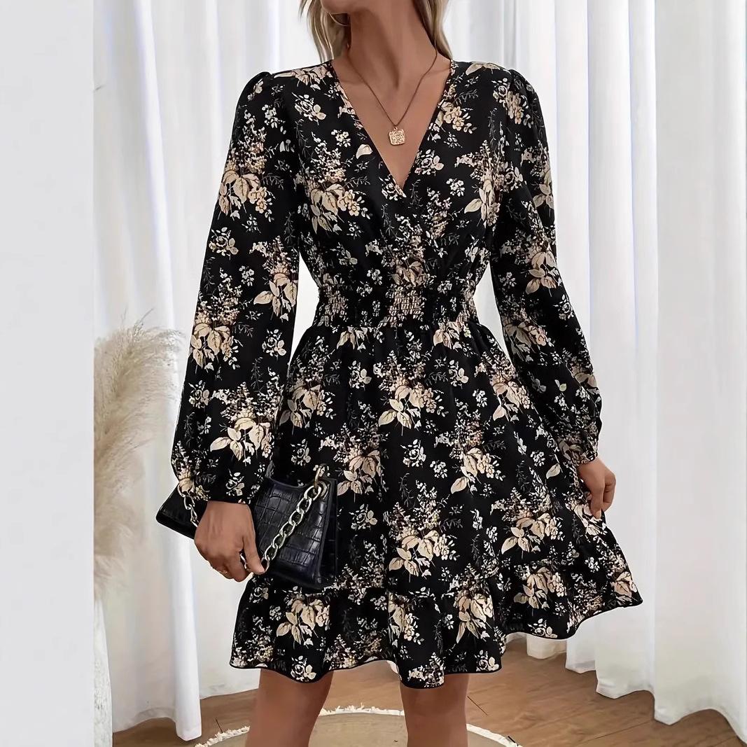 V-neck Floral Print Long Sleeve Dress