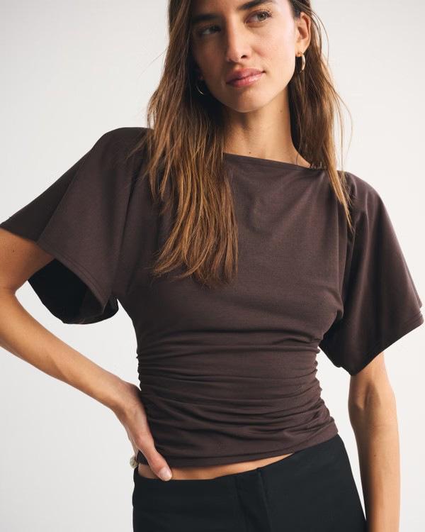 Womens Fashionable Casual T-Shirt With Batwing Sleeves And Waist Pleating