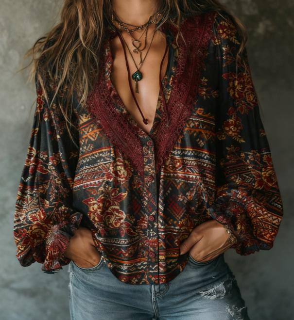 Retro-style Openwork Lace Deep V Lantern Sleeve Women's Loose Chiffon Blouse Top