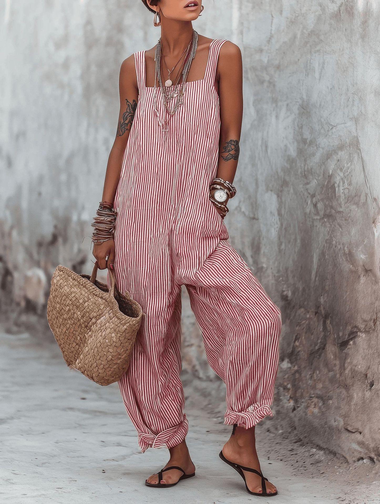 Striped Printed Loose Casual Jumpsuit For Women