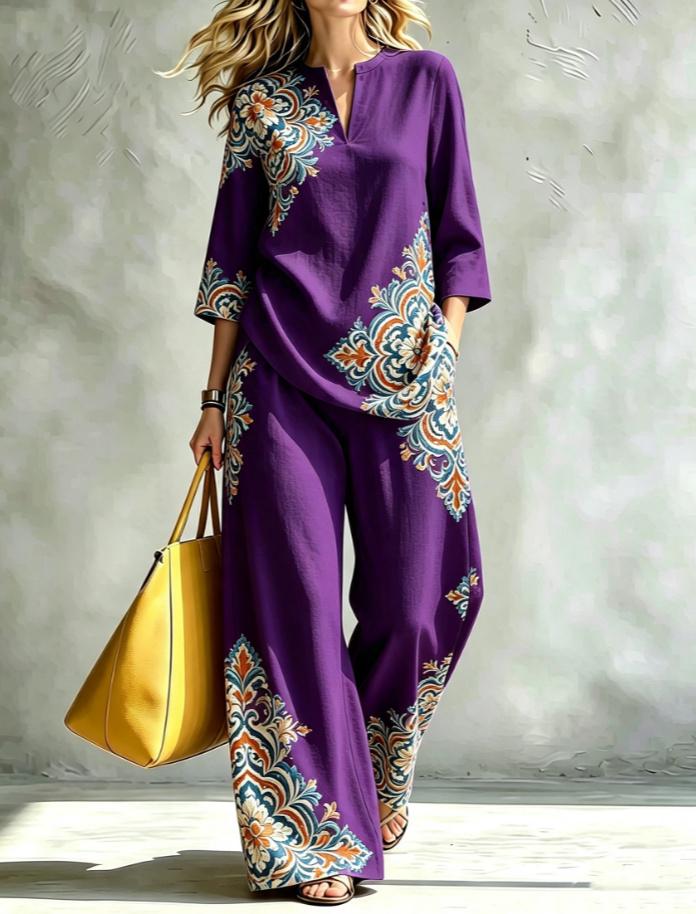 Womens Casual V-neck Three-quarter-sleeve Set With Collar