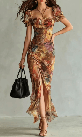 French Vintage Oil Painting Floral Maxi Dress