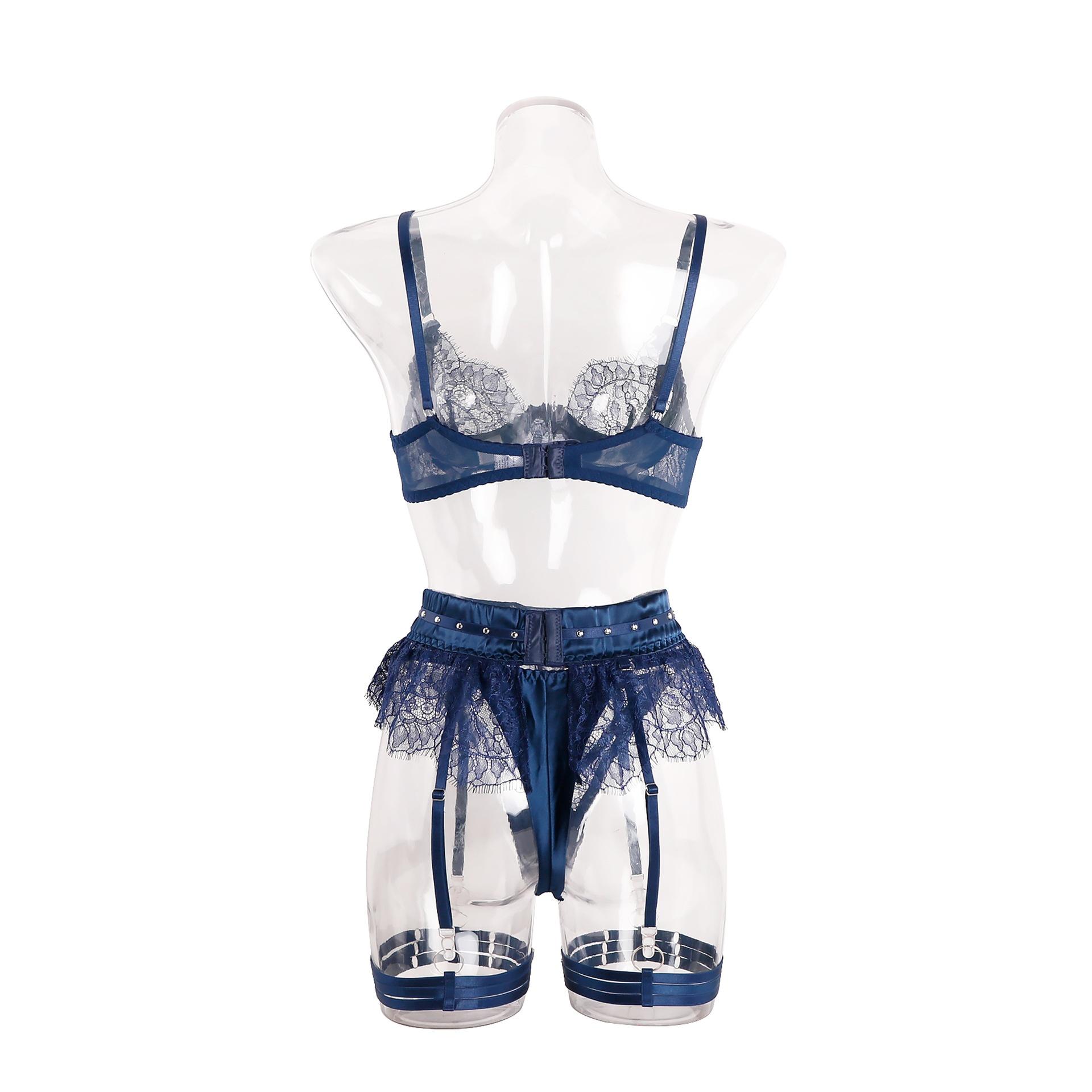 Sexy Charm Stitching Lace Steel Ball Bow Garter Underwear Suit