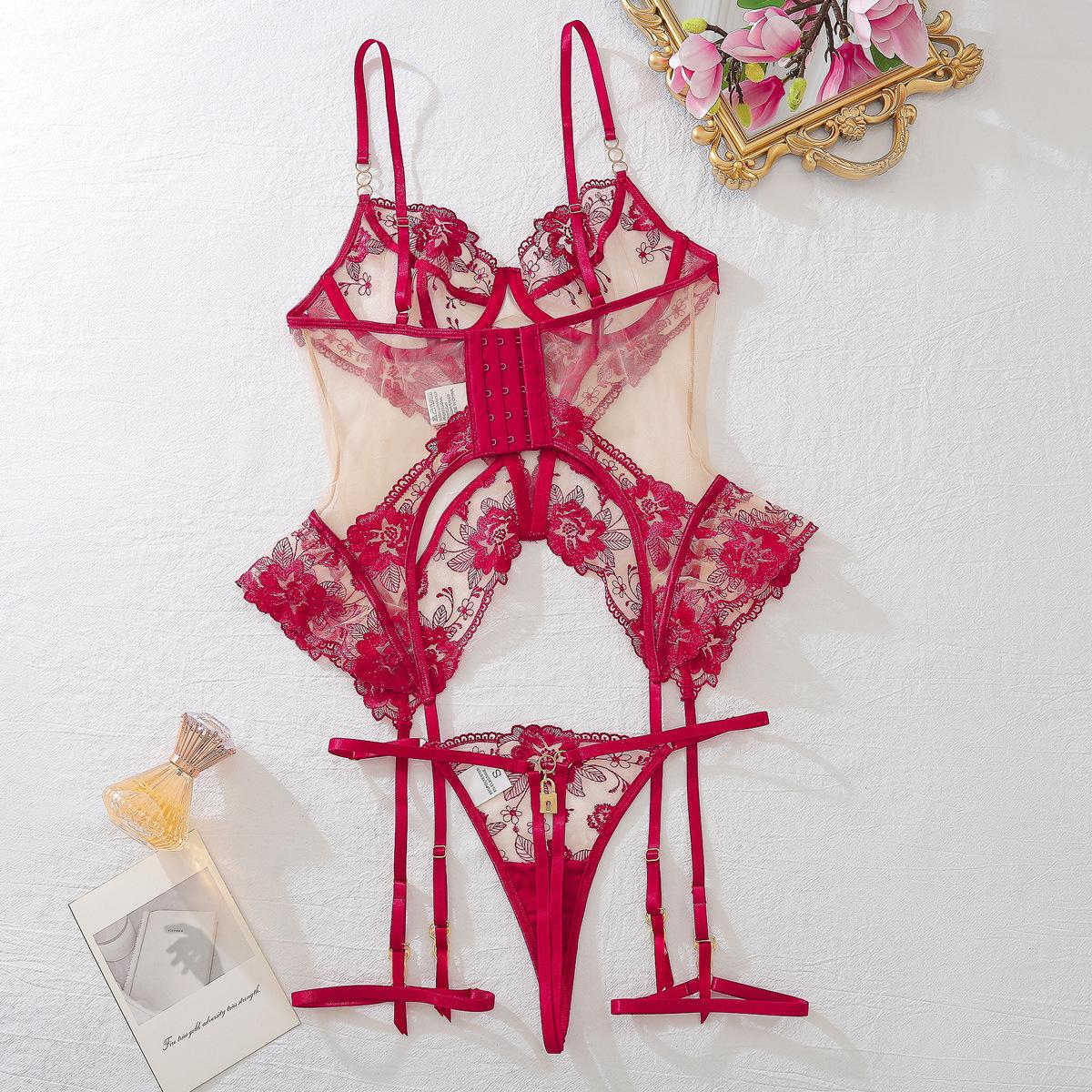 Bra Set Mesh See-through Thin Lace Underwear Three-piece Set