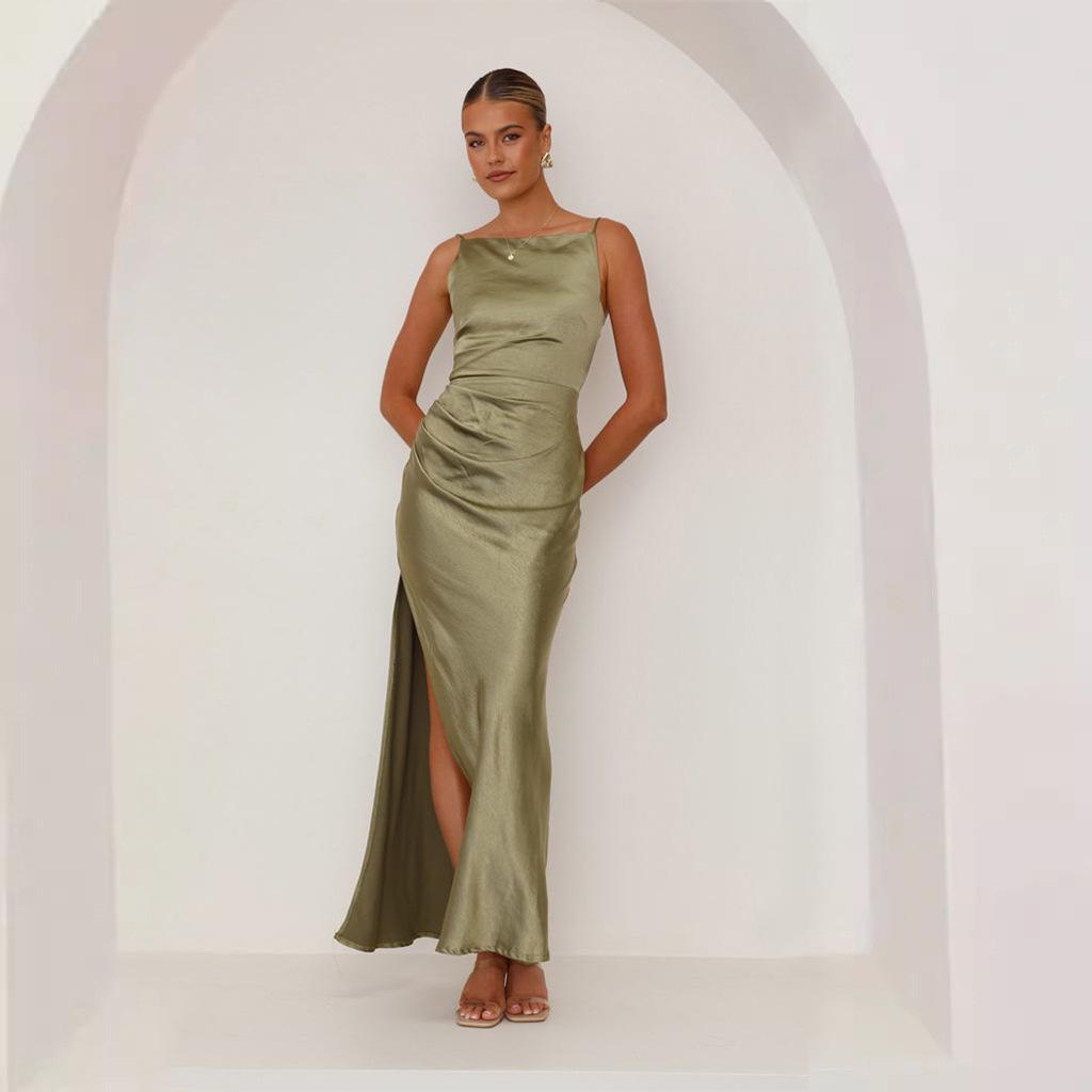 Solid Color Sexy Backless Slit Mid-length Sleeveless Sling Dress