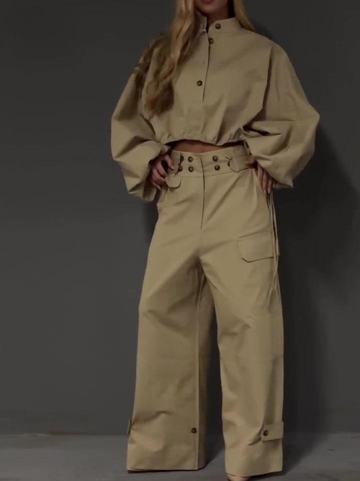 Khaki Stand Collar Puff Sleeve Crop Top & Double Button Wide Leg Cargo Pants Set