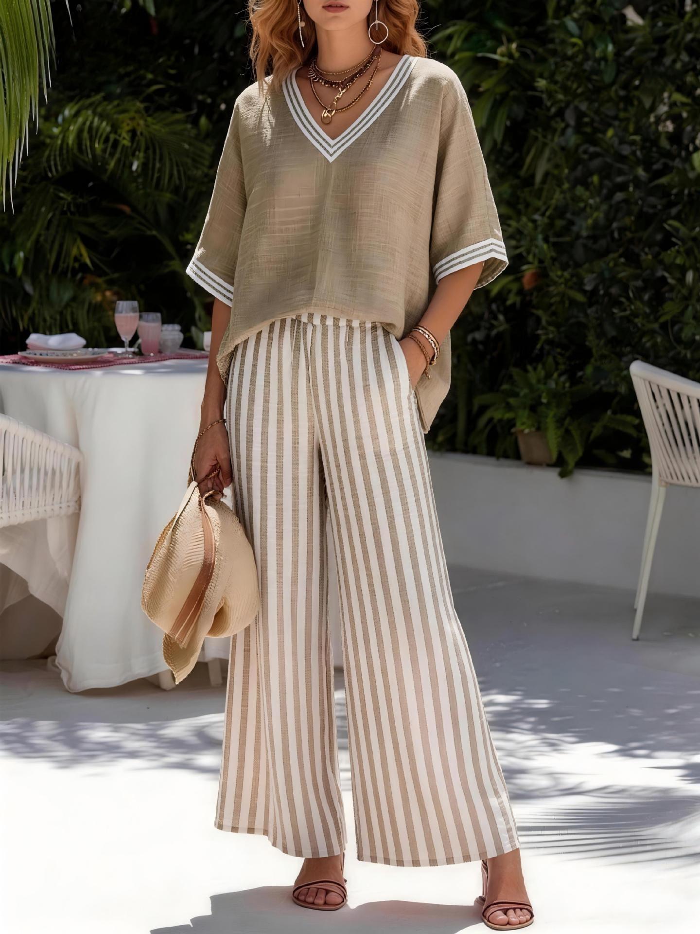 Tunic-style Striped Casual Trousers Womens Outfit