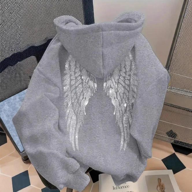Trendy Minimalist Design Wings Printing Sweater Casual Loose Sweatshirt Pullover