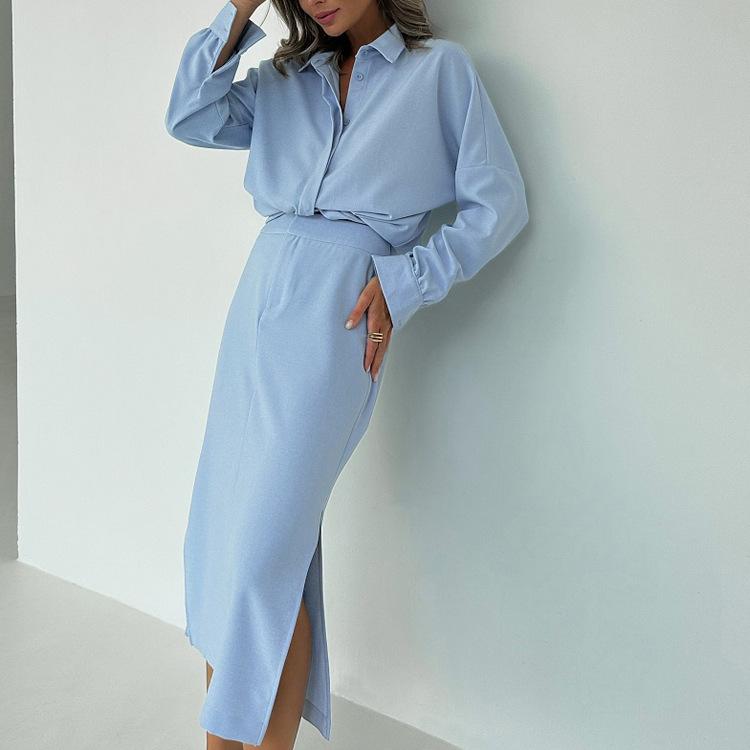 Cotton Lapel Long Sleeve Cardigan Top Split Skirt Commuting Suit