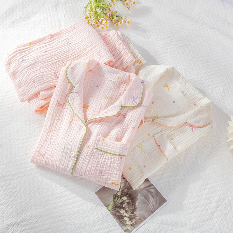 Women's Cotton Pajamas Crepe Cotton Cloth Thin Long-sleeved Homewear Suit