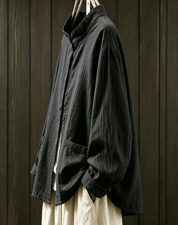 New Chinese Style Stand Up Collar Pleated Cotton Linen Long Sleeved Cardigan Shirt