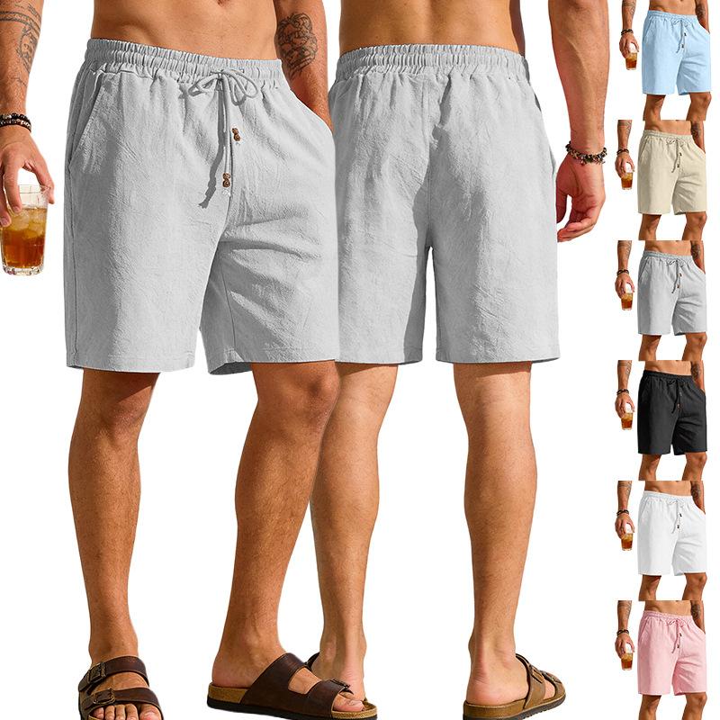 Mens Loose-Fit Solid-Color Cotton-Linen Shorts