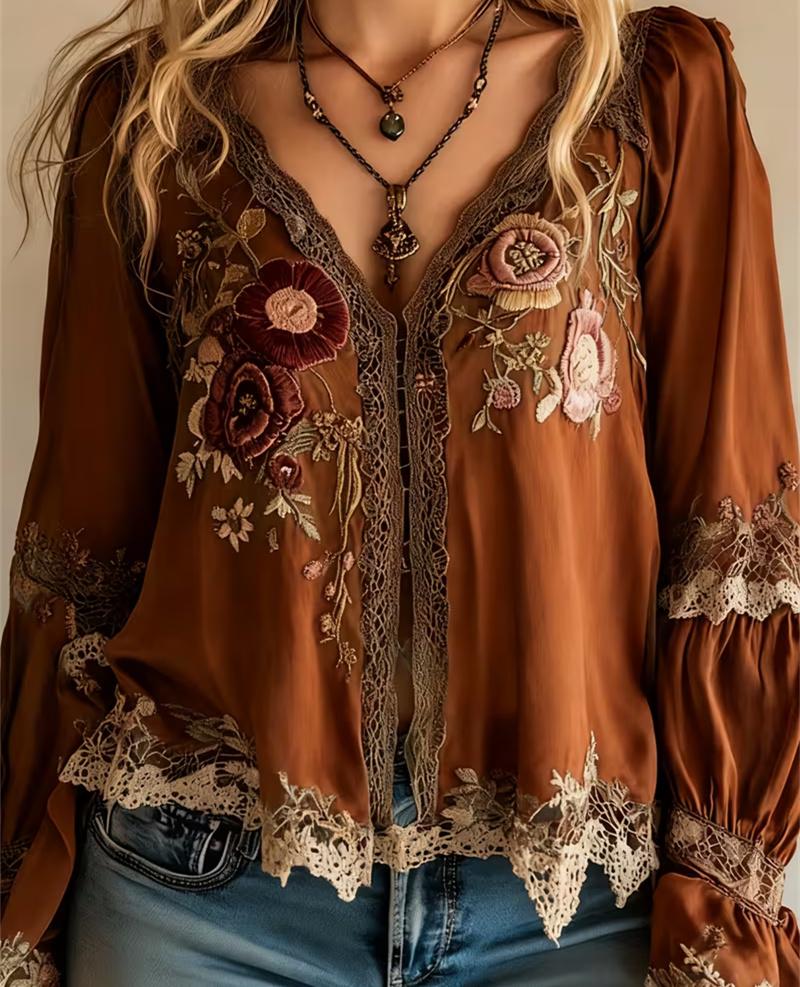 Floral Embroidered Lace Casual V-neck Long-sleeved Top