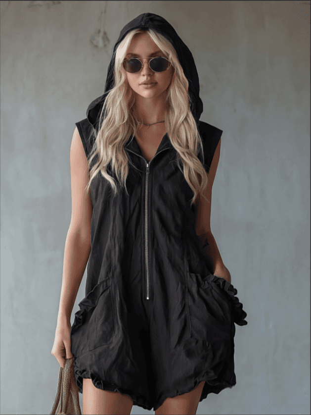 Hooded Sleeveless Half Zip Ruffle Hem Pocketed Casual Romper 2 Colors Available