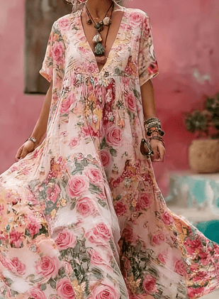 Women's Printed Elegant V-Neck Long Dress