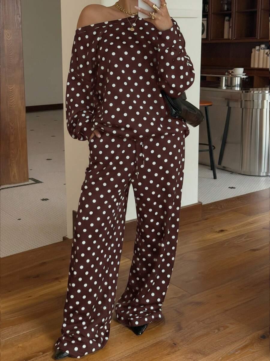 Polka-dot Print Long-sleeve Pants Casual Loose-fitting Set