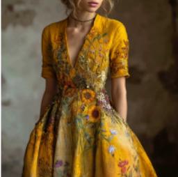 Women's Loose All-match Creative Pattern Totem Deep V Short Sleeve Dress