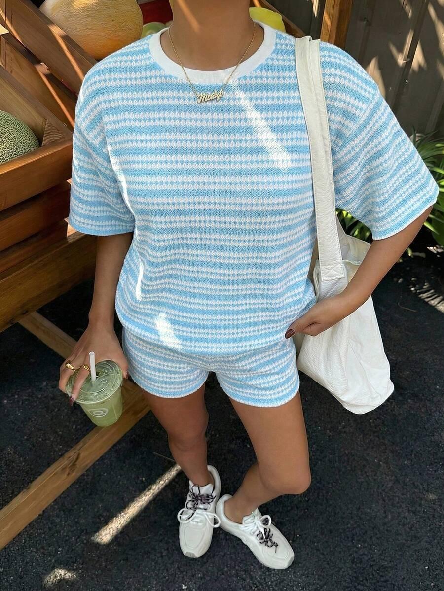 Womens Crew-Neck Spliced Short-Sleeve Shorts Set