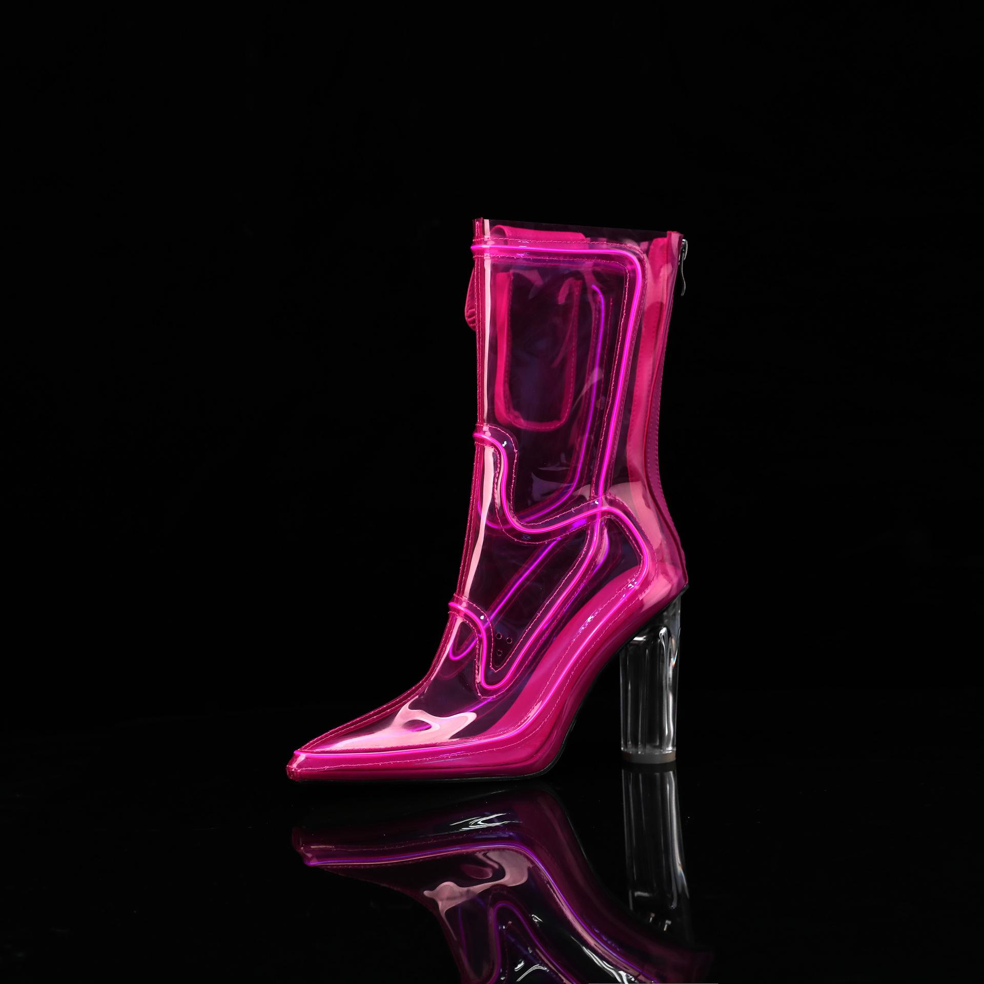 New Transparent Film Pointed-toe Chunky-heel Mid-calf Womens Boots With A Back Zipper