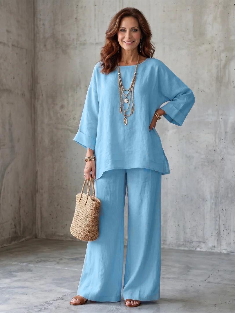 Women's Loose Round-Neck Shirt And Wide-Leg Pants Set
