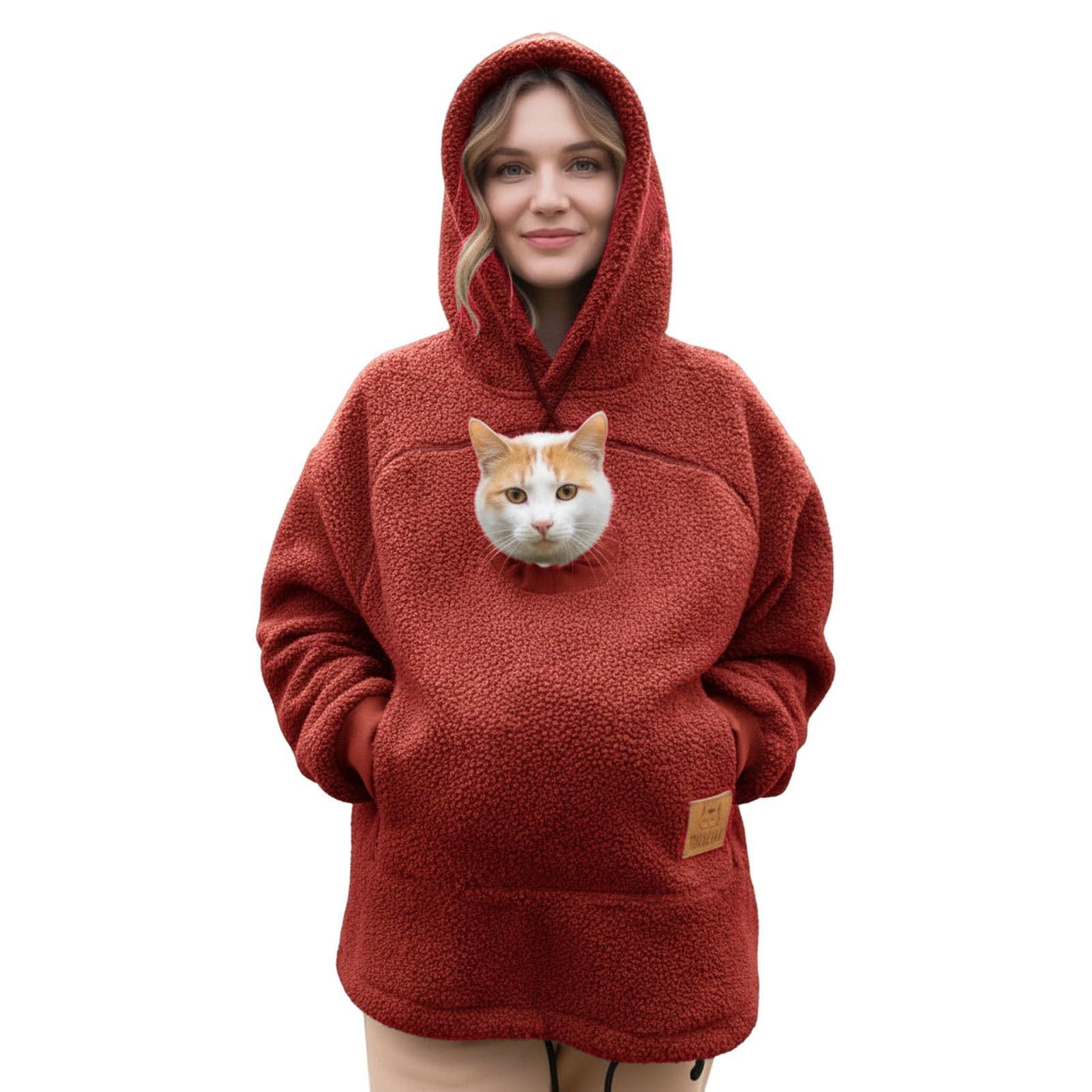 Ladies Warm Pet Pouch Hoodie With Kangaroo Pocket For Cats