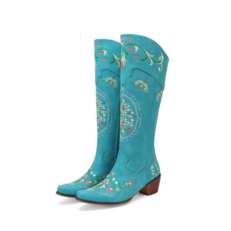 Chunky-Heel Retro Embroidered Side-Zip Colorblock Western Mid-Calf Boots Womens Boots