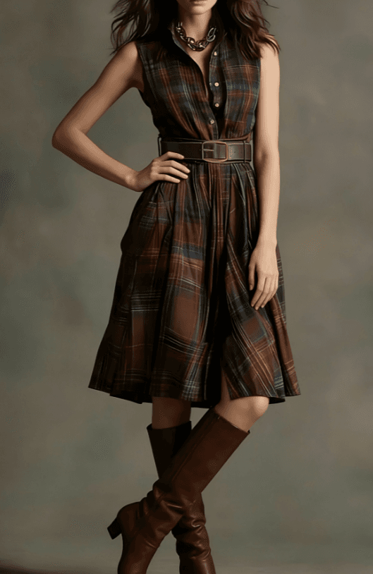 Plaid Collared Sleeveless Fitted Waist Dress