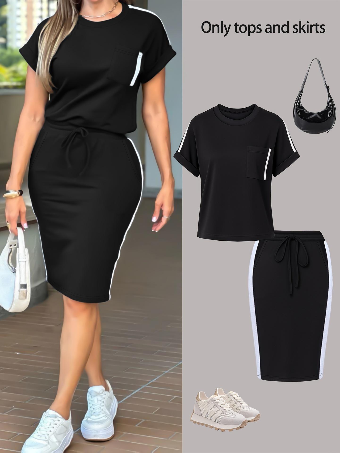 Womens Stylish Minimalist Off-shoulder T-shirt Paired With A Casual Form-fitting Skirt Set