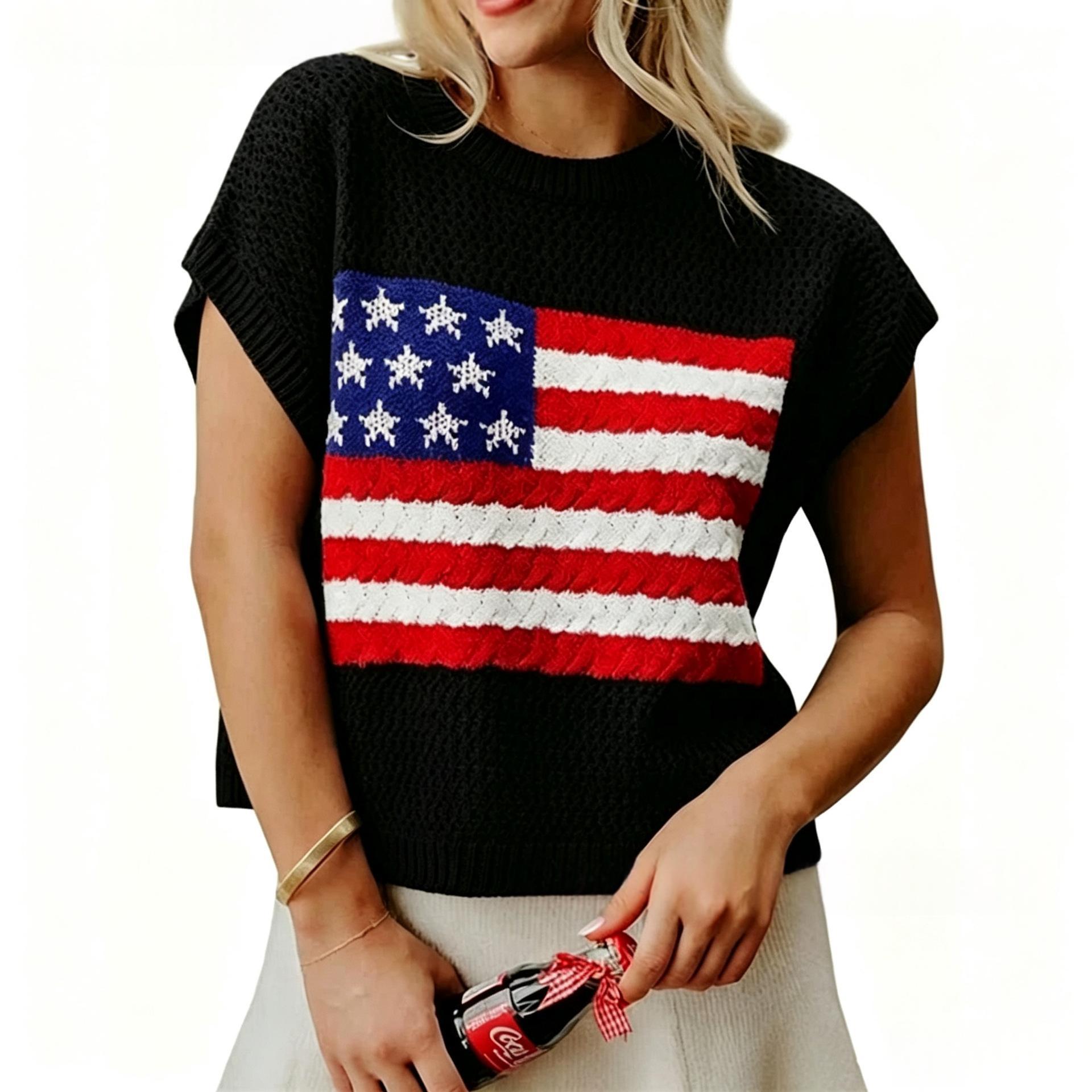 Women's Short-Sleeve Pullover Sweater With Crew Neck And National Flag Print