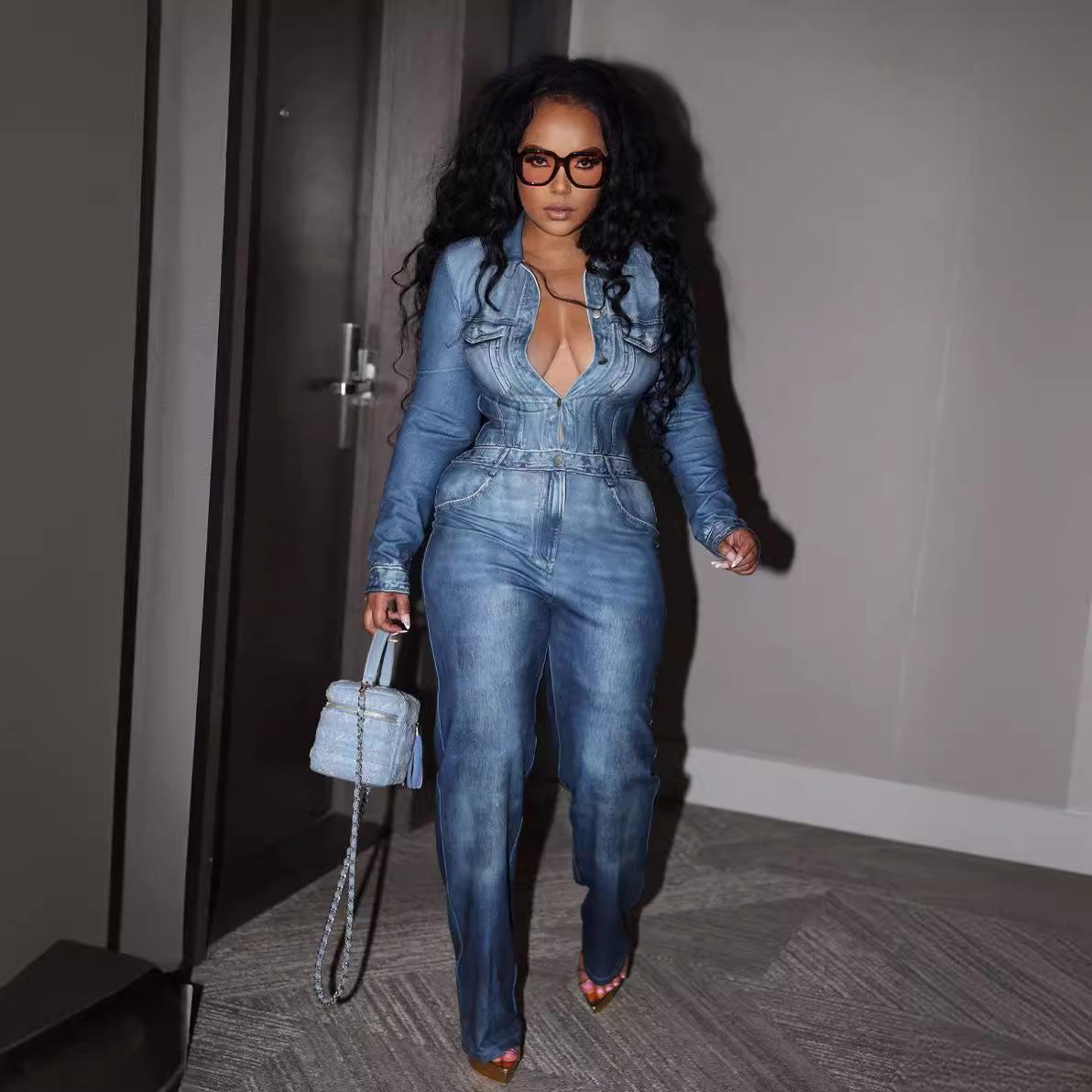 Denim-print Jumpsuit