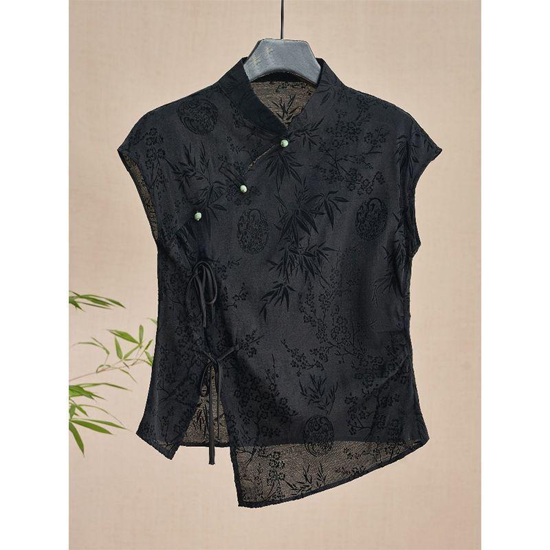 Women's Retro Frog-Button Slant-Collar Black Jacquard Short-Sleeve Shirt