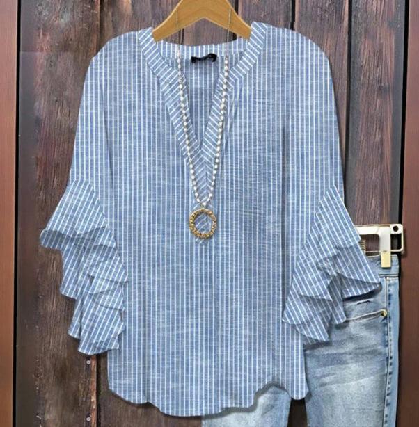 New Printed European And American Leisure Collar Lotus Edge Loose Women's Wear T-Shirt