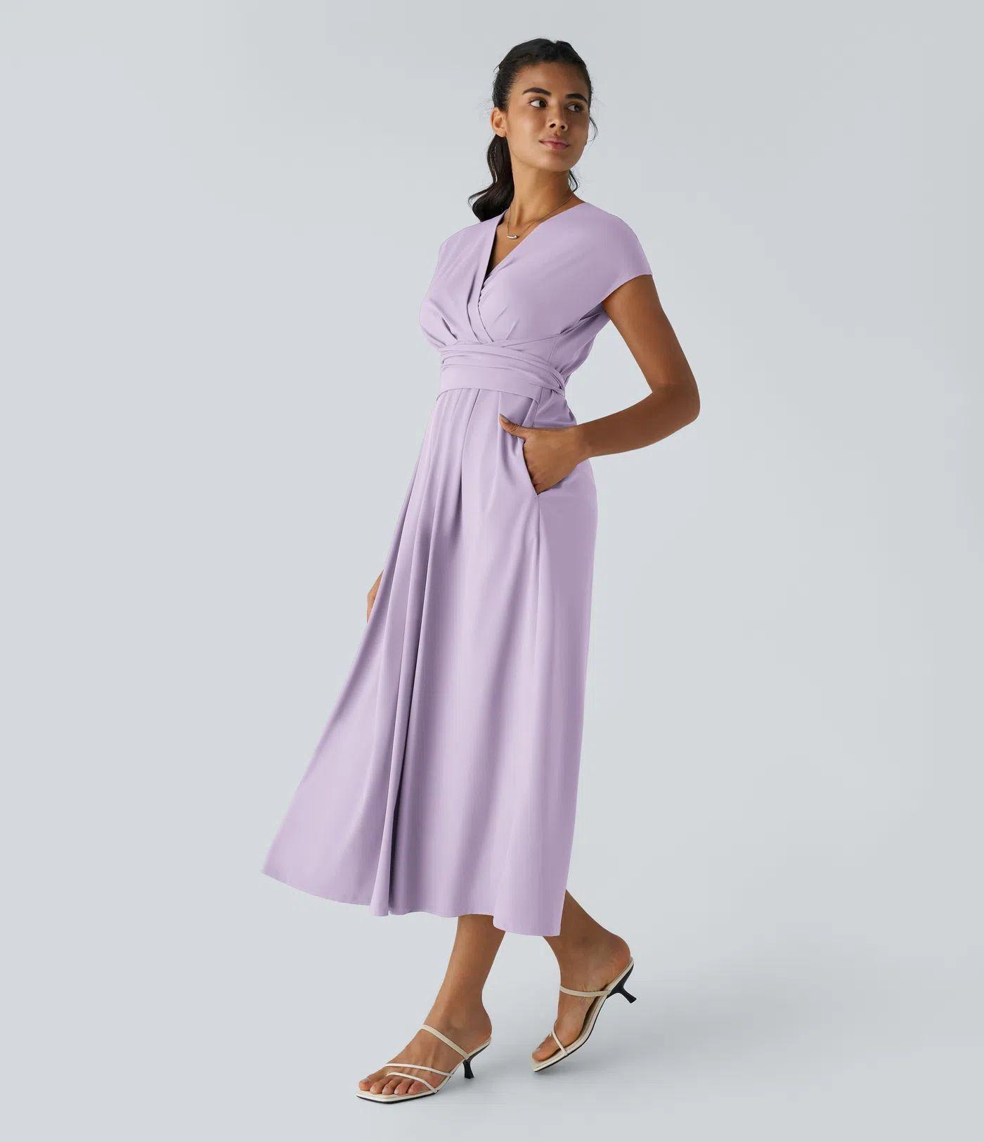 Solid Color Overlapping V-neck Short Sleeve Side Pocket Lace-up Quick-drying Mid-length Casual Dress