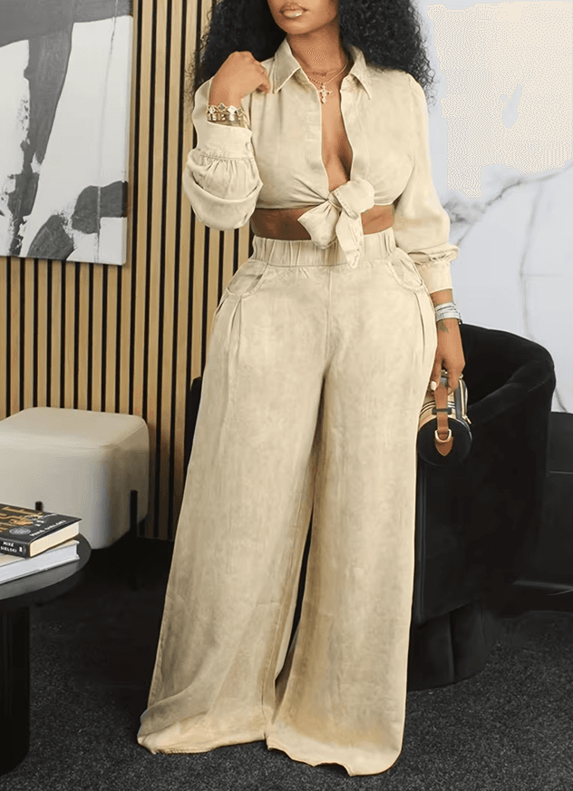 American Retro Short Knotted Shirt  High-waisted Wide-leg Pants Suit For Women