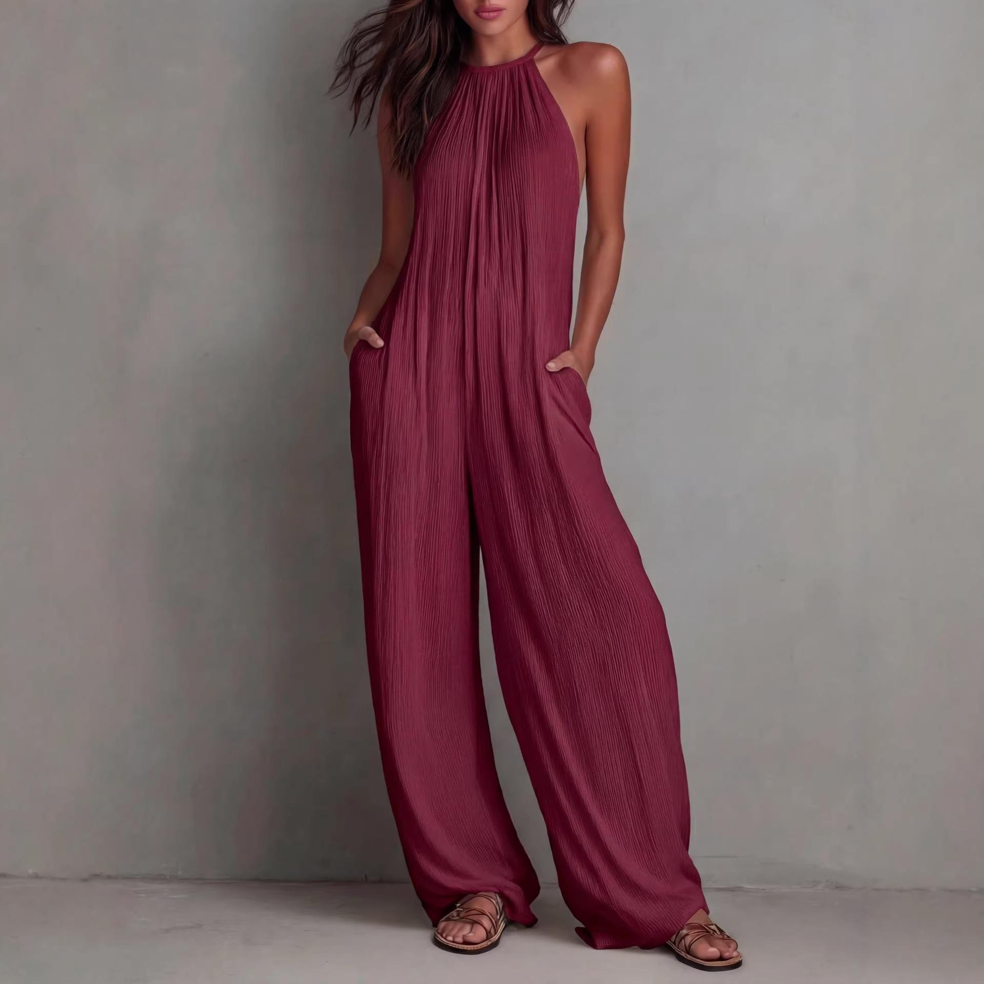 Resort-style White Pleated Open-back Wide-leg Jumpsuit
